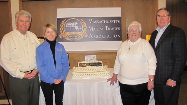 (From left): Ed Lofgren, president of 3A Marine of Hingham and board member of the Massachusetts Marine Trades Association and trustee of the Massachusetts Marine Trades Educational Trust; Nathalie Grady, executive director; Mary Horan, administrative assistant; Larry Russo, Sr., president of Russo Marine and board member.