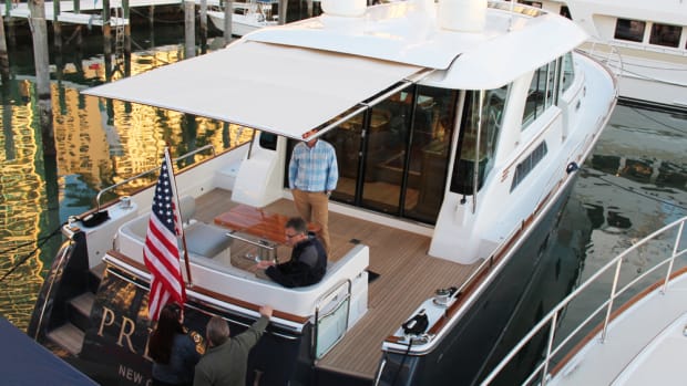 SureShade introduced two products at the Miami boat shows — one for a 27-foot Scout at the Miami International Boat Show and the other geared for this Sabre 66 Dirigo, which debuted on Collins Avenue at Yachts Miami Beach.