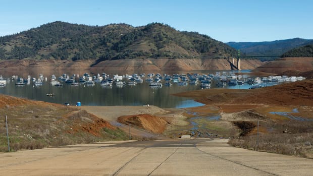 The concrete launch ramp at Bidwell Canyon on Lake Oroville shows that although boating conditions have improved dramatically, the water level in late January stood at only 39 percent of capacity.