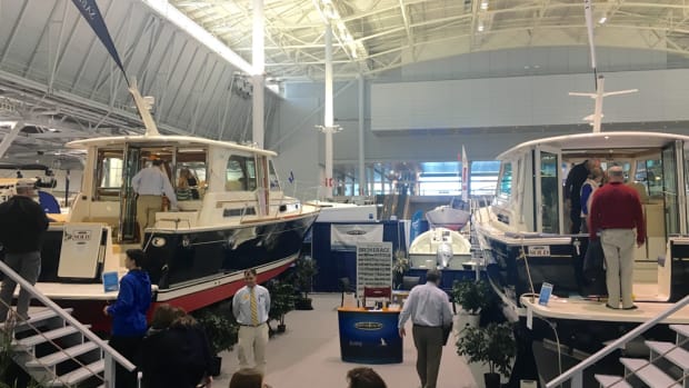 There were sold signs on several of the larger boats at the New England Boat Show, such as this Sabre Yachts 42SE (left) and Back Cove Yachts 37 (right), which were displayed by Boston Yacht Sales. The show ended Sunday.