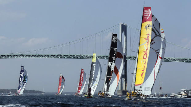 The Volvo Ocean Race boats pass under the Newport Bridge at the start of Leg 7, bound for Lisbon, Portugal.