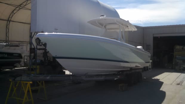 This Intrepid 327 CC will be powered with a new natural gas/gasoline hybrid propulsion system created by the North Carolina company Blue Gas Marine. The boat will be on display at the Oct. 30-Nov. 3 at the Fort Lauderdale International Boat Show.