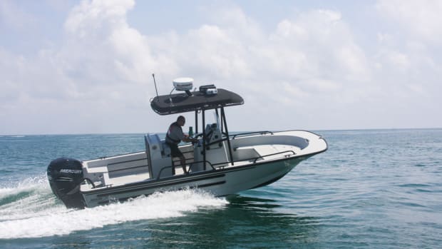 The NASBLA Patrol Edition Boston Whaler 21-foot Guardian has a 250-hp Mercury outboard and is customized for law enforcement professionals.