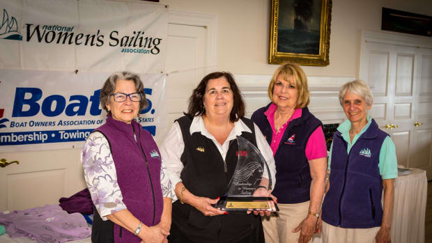 Sally Helme (second from left) received the 2015 Leadership in Women’s Sailing Award at the annual conference of the National Women’s Sailing Association. She is shown with Scottie Robinson, conference co-chairwoman (left); Linda Newland, president of the NWSA; and conference co-chairwoman Joan Thayer.