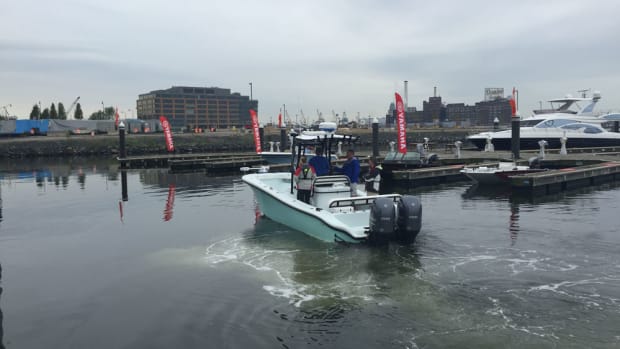 Journalists gathered in Baltimore's Inner Harbor to test new Yamaha engines, propellers and the Helm Master system with joystick.