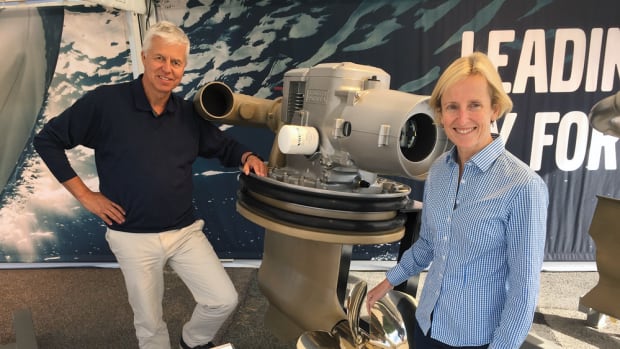 Stefan Carlsson, senior vice president of Volvo Penta’s marine diesel segment, and Marcia Kull, vice president of sales for Volvo Penta of the Americas, were part of a team that introduced the new D8-IPS800 in Sweden.