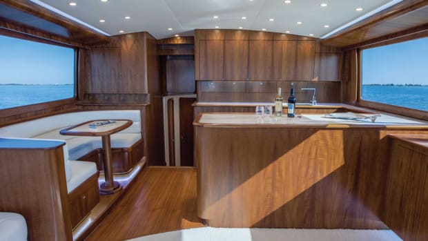 Paul Mann Custom Boats won for the figured teak veneer cabinetry in the recently launched 60-foot sportfishing yacht Caught Up.