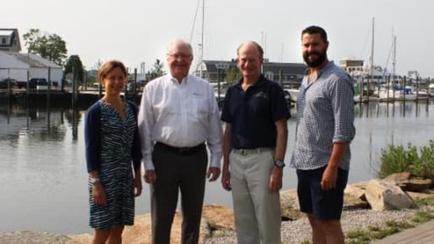 (From left) Whitney Peterson, vice president of marketing for Gowrie Group; Steve Prime, vice president of Gowrie Group; Spike Lobdell, president of the New England Science and Sailing Foundation; Dan Meiser, co-owner of the Mystic Oyster Club.