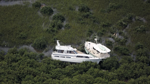 Two boats can be seen in foliage near St. Augustine, most likely deposited there from Hurricane Matthew.