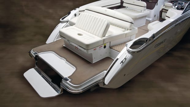 Cobalt Boats began to offer a swim step on some of its models in 2011. The builder said the swim step is easily flipped from a stored position within the aft swim platform of a boat to a deployed position below the water surface.