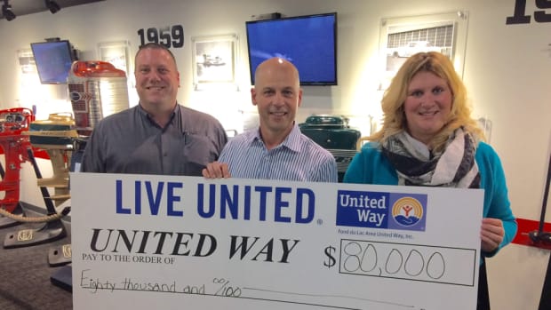 The United Way of Fond du Lac, Wis., is one of three United Way chapters that received a donation from the Brunswick Public Foundation. Shown are Mercury Marine president John Pfeifer (center), flanked by Marty Chy, board president of the Fond du Lac Area United Way, and Amber Kilawee, executive director of the Fond du Lac Area United Way.