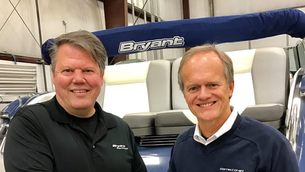 Correct Craft CEO Bill Yeargin (right) is shown with John Dorton, who will remain at Bryant Boats as president and a minority shareholder.