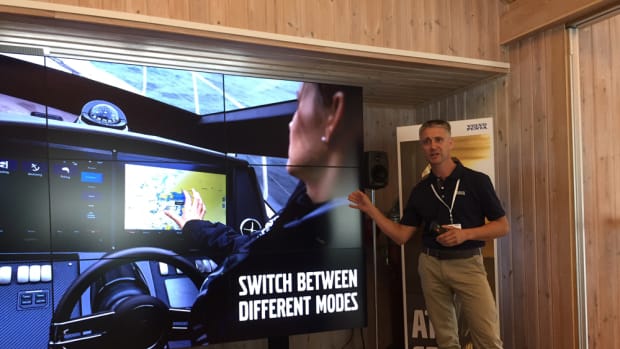 Anders Thorin, a Volvo Penta marine product management expert, is helping to introduce the company's new products to members of the media. The products will be revealed on Friday.