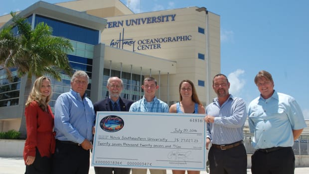 The Blazing Mako Tournament and Festival raised funds for marine science scholarships. Shown are Christine Legris (left), corporate director of brand and sales management for Guy Harvey Outpost; Mark Ellert, president of Guy Harvey Outpost; Richard Dodge, dean of the Halmos College of Natural Sciences and Oceanography at Nova Southeastern University; NSU scholarship recipients Matthew Woodstock and Megan Bock; Cliff Jensen, director of sport fishing and watersports for Guy Harvey Outpost; and Kevin DeNell, executive vice president of Guy Harvey Outpost.