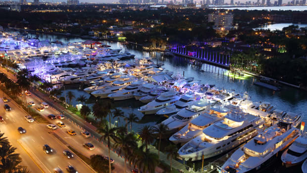 An aerial snapshot of the Collins Avenue event shows some of the estimated 800 boats that were on display at the Yachts Miami Beach show.
