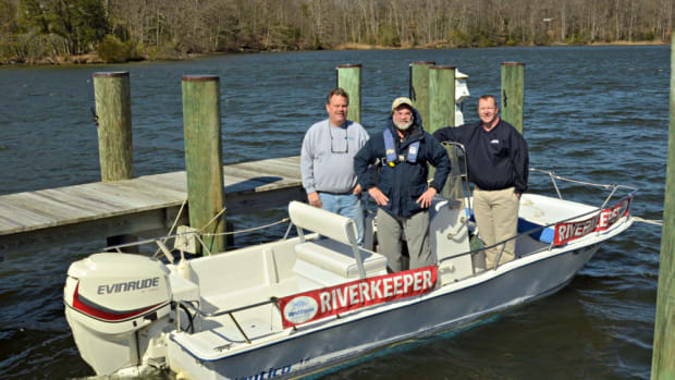 West/Rhode Riverkeeper in Maryland has a refurbished 90-hp Evinrude E-TEC engine on its 18-foot center-console runabout.