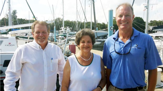 Shown are Jeff Erdmann (left), of Denison Yacht Sales; U.S. Rep. Lois Frankel, D-Fla.; and Staley Weidman, chairman of the IYBA’s legislative affairs committee.
