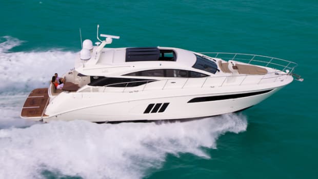 Brunswick said sales of 40- to 60-foot fiberglass sterndrive and inboard boats, such as this Sea Ray L590, took a backseat to more value-oriented aluminum boats in the first quarter.