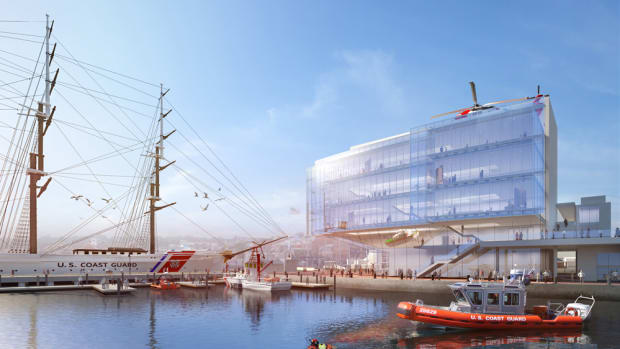 This is a rendering of the National Coast Guard Museum, which will be built in New London, Conn.