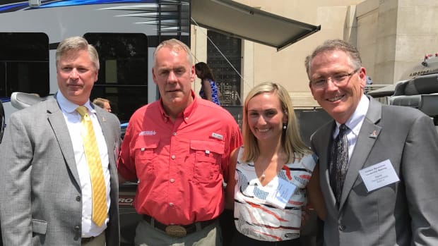Interior Secretary Ryan Zinke (second from left) is shown with BoatUS government affairs vice president Chris Edmonston; BoatUS government affairs program coordinator Morgan Neuhoff; and BoatUS government affairs manager David Kennedy.