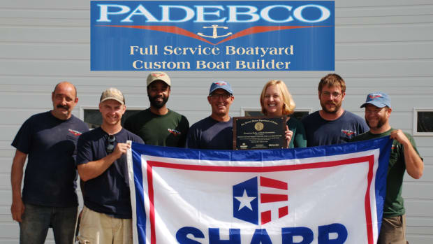 Padebco Full Service Boatyard & Custom Boat Builder received SHARP certification. Shown are Mike Greenleaf; Chris Luedee; Abui Salum; owners Leon and Sara MacCorkle; Sam Hancock; and Mark Phillips.
