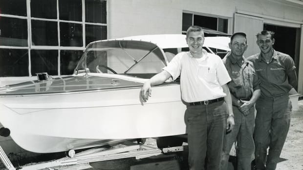 A young Phil Keeter (left) with his first two employees at Romer Marine.