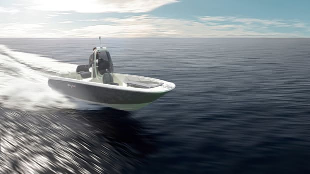 A rendering shows the new Invictus 200 HX. The hull has a beam of just under 8 feet and features a deep-vee design.