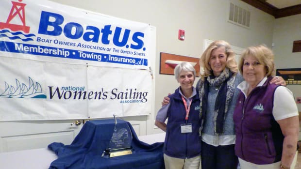 Linda Lindquist-Bishop (center), who received the BoatUS/National Women’s Sailing Association 2017 Leadership in Women's Sailing Award, is shown with Joan Thayer, (left) chairwoman of the Women's Sailing Conference Committee, and National Women's Sailing Association president Linda Newland.
