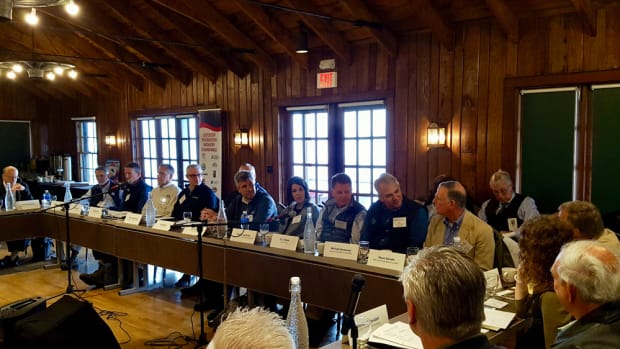 Nicole Vasilaros, vice president of federal and legal affairs for the National Marine Manufacturers Association (fourth from right), participates in an Outdoor Recreation Industry Roundtable meeting on Monday with the federal Department of the Interior.