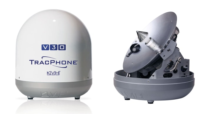 KVH's TracPhone V30 features a DC powered design and in-dome modem for superior signal strength and efficiency. 