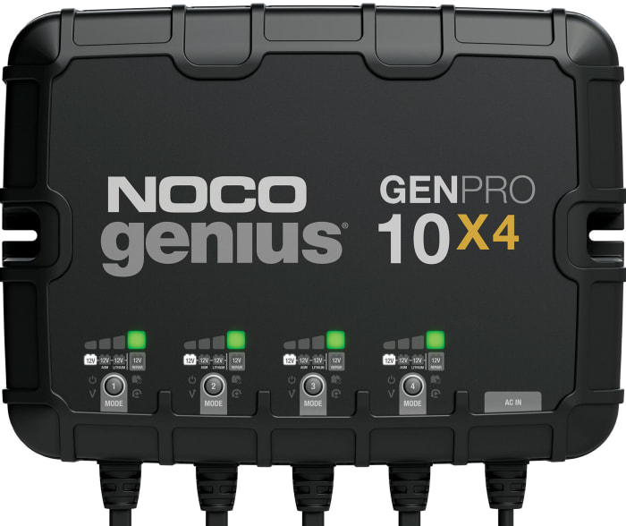 The Genius GenPro10X4 charger has several smart features, including a sensor that|optimizes the charge to the ambient temperature.