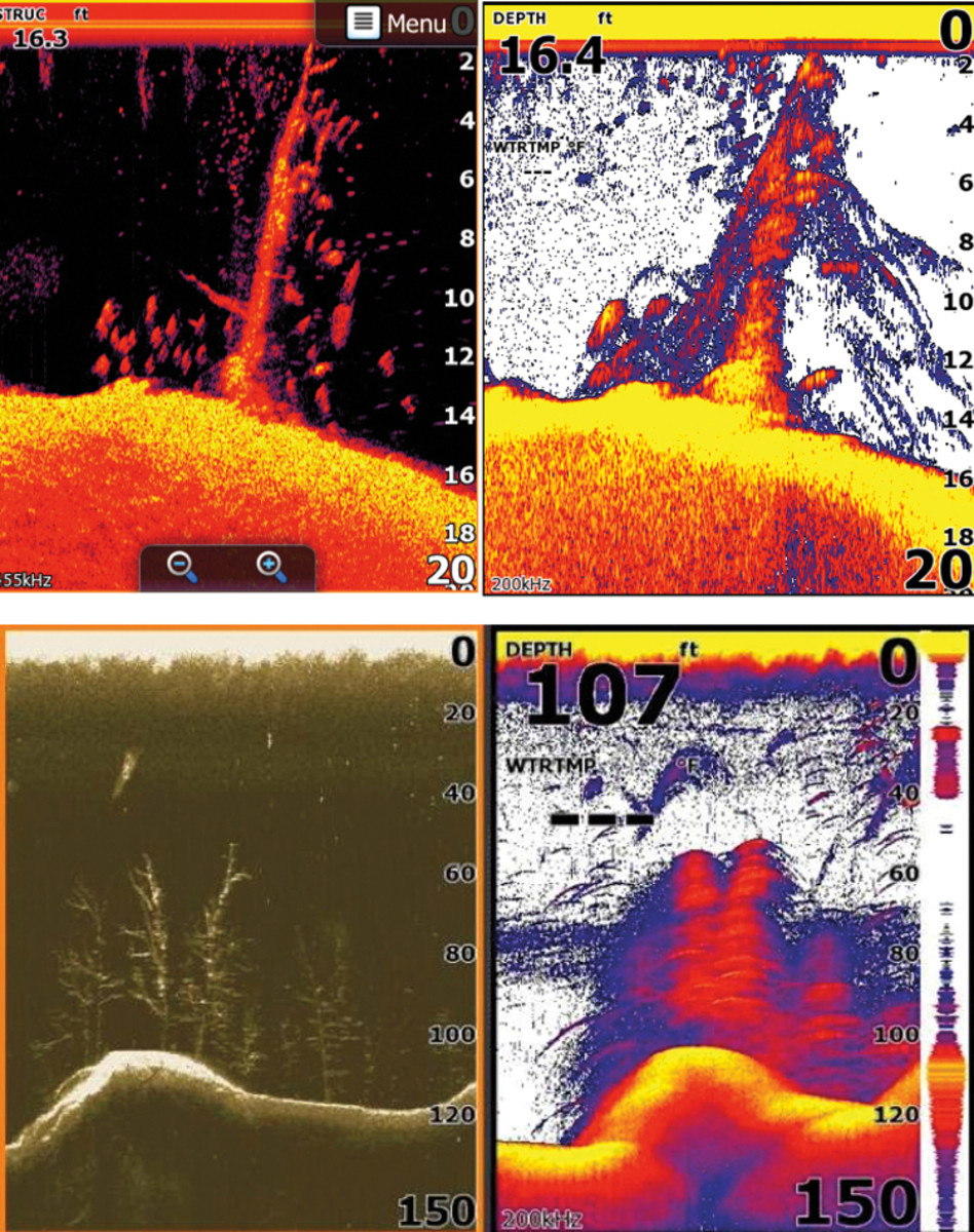 A Navico DownScan sonar image (left), compared with one from typical conical sonar.