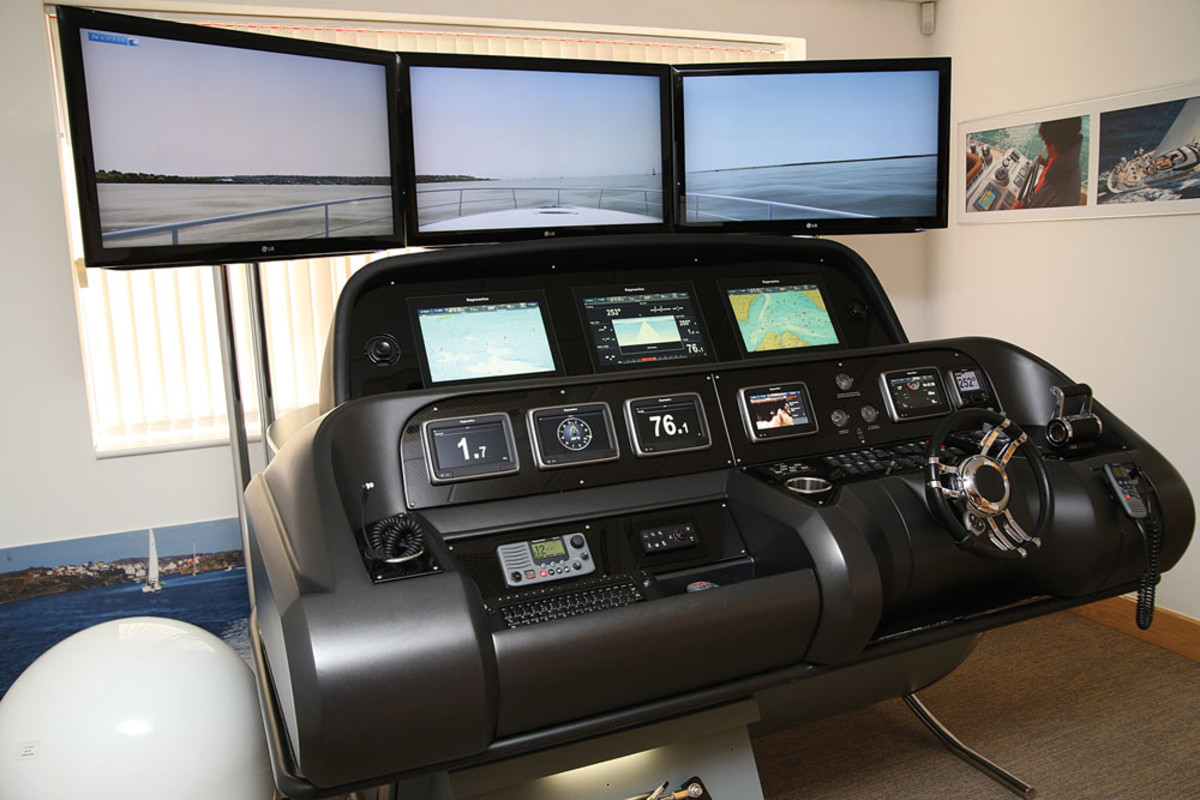This huge console includes just about every piece of Raymarine electronics. It was linked to a simulator so journalists could take a virtual sea trial.