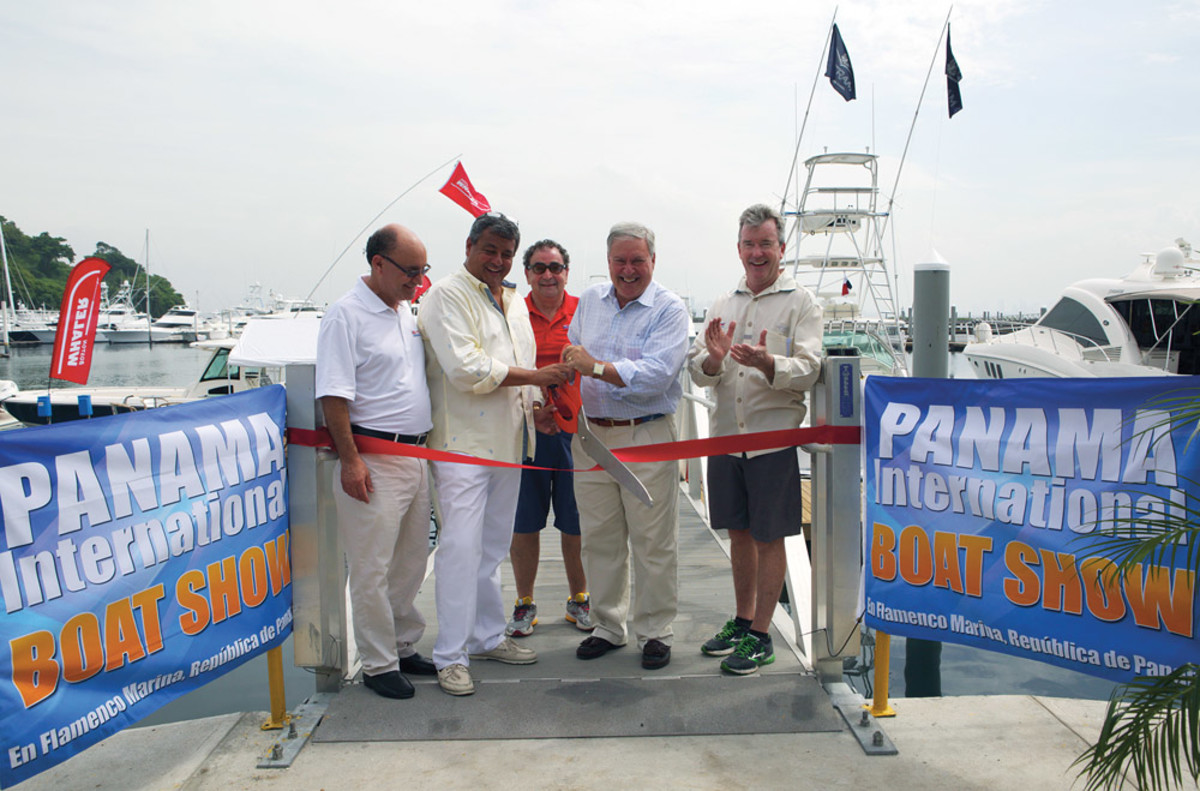 (From left) Ricardo Strul, Miguel Pineiro, Dane Graziano, Efrem "Skip" Zimbalist III and Andrew Doole cut the ceremonial ribbon at the inaugural Panama International Boat Show.