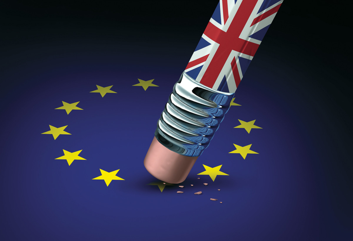 Britain European Union decision as a brexit leave concept and UK leaving vote or Euro zone crisis as a pencil with the british flag erasing a star of the Europe icon as a 3D illustration.
