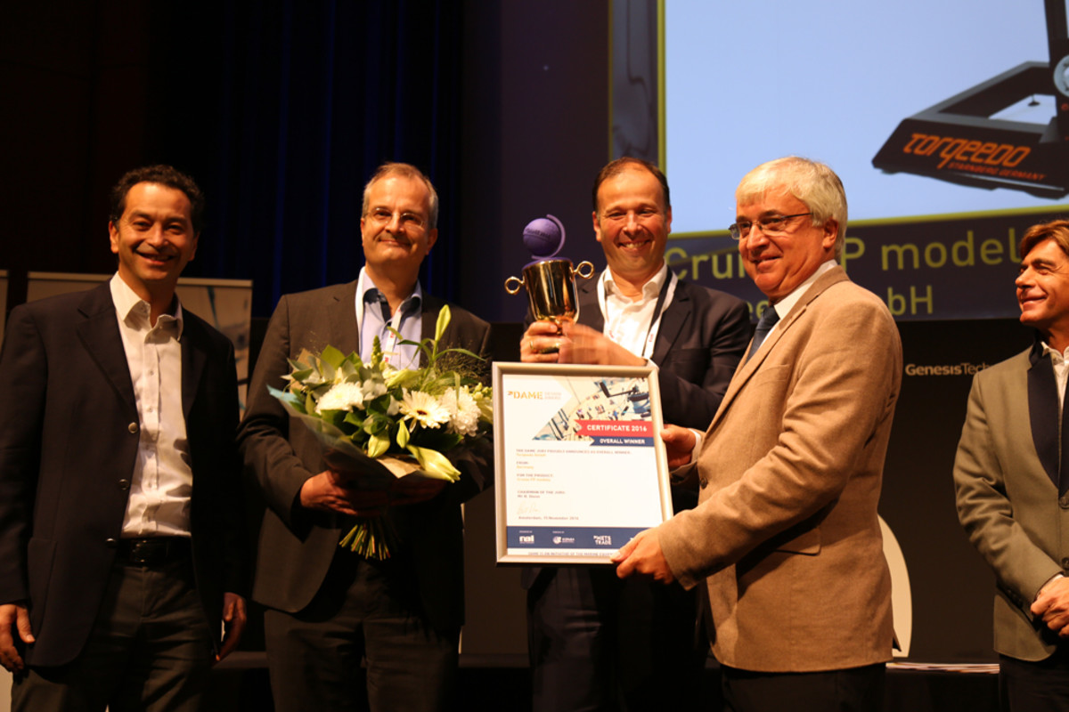 Electric marine engine manufacturer Torqeedo GmbH received the overall 2016 DAME Design Award today at the METS Trade Show. Photo by Gary Beckett.