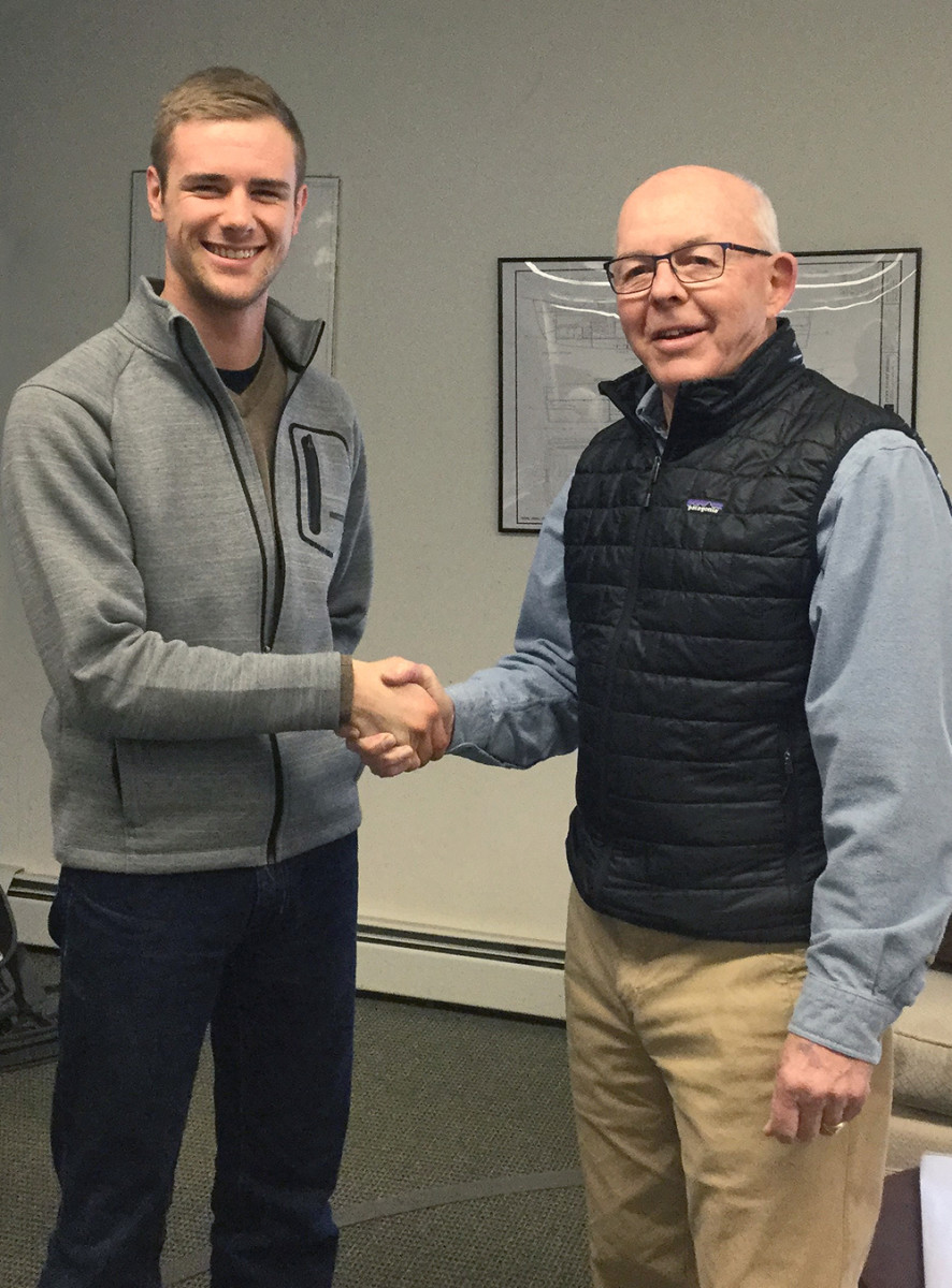 The National Marine Representatives Association presented a $1,500 scholarship to Lane Peterson (left), a student at The Landing School in Arundel, Maine. He is shown with past NMRA president Glenn Hood.