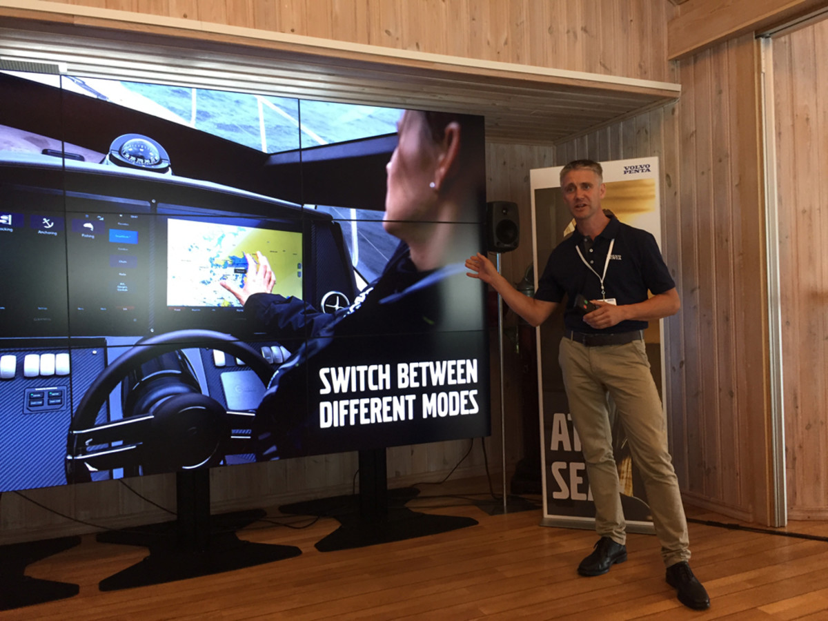 Anders Thorin, a Volvo Penta marine product management expert, is helping to introduce the company's new products to members of the media. The products will be revealed on Friday.