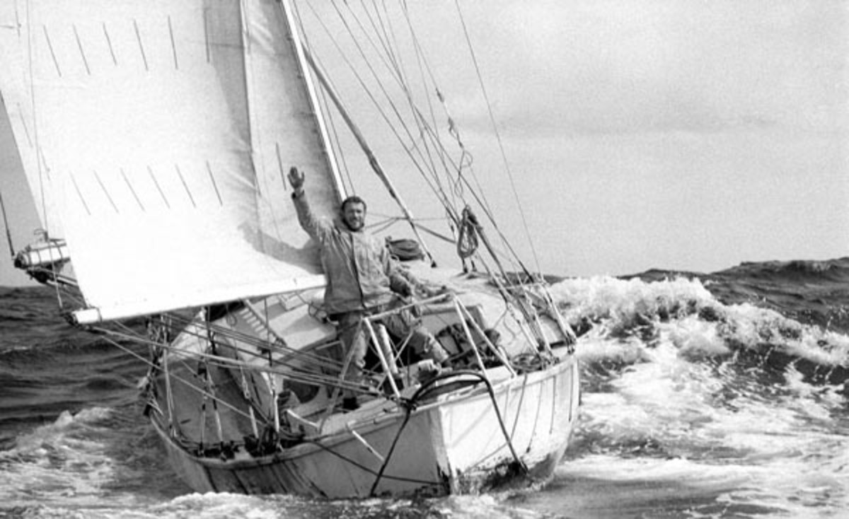 Robin Knox-Johnston aboard Suhaili at the finish of the 1968 Sunday Times Golden Globe Race. Photo by Bill Rowntree/PPL.
