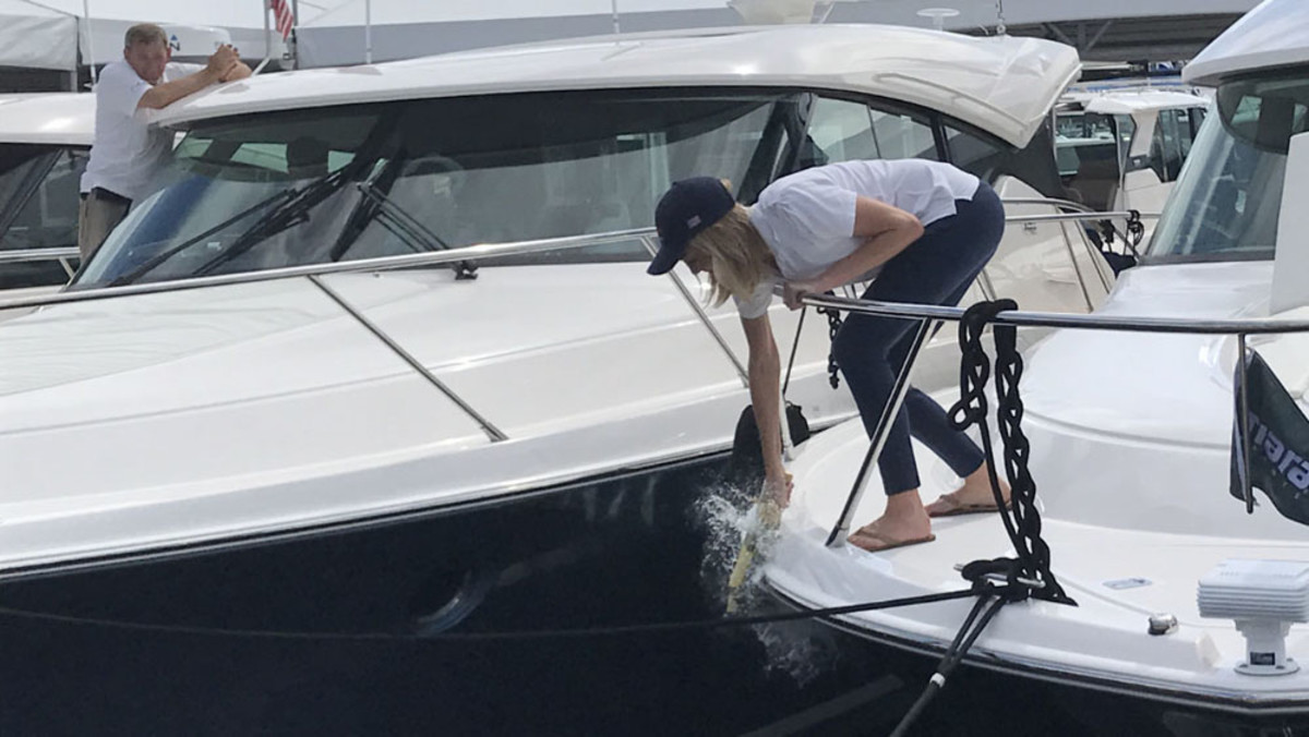 Whitney Vishey, of Tiara Yachts, christens the new F44.