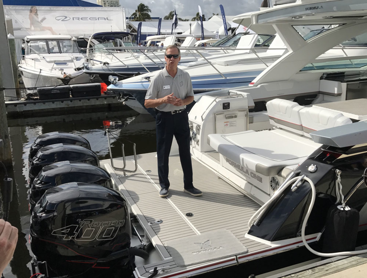 John Adams, the exclusive designer for Formula, introduces the new flagship, the 430 SSC (Super Sport Crossover) with quad 400-hp outboards, at the Fort Lauderdale International Boat Show.