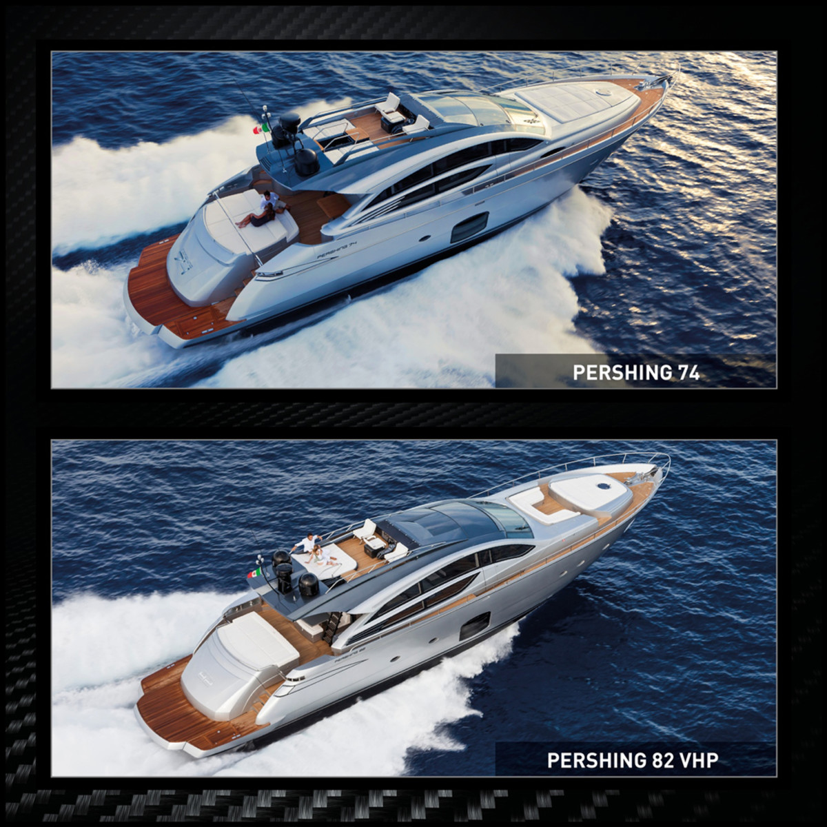 Pershing Yacht redesigned the interiors of its Pershing 74 (top) and Pershing 82 VHP coupes.