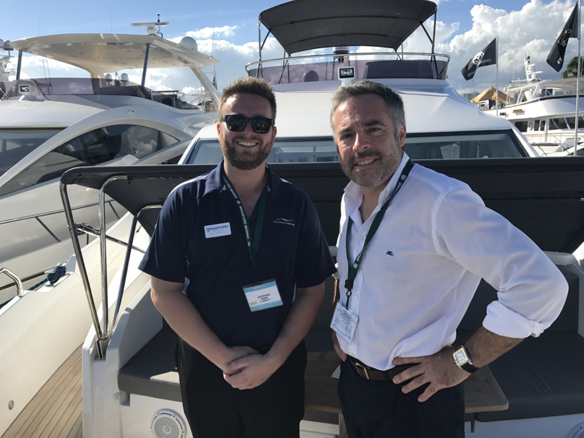 Jack Nitabach (left), president of the newly established Numarine USA, and Numarine sales and marketing director Antonio Caviglia are shown on the foredeck of the new Numarine 60 Fly.