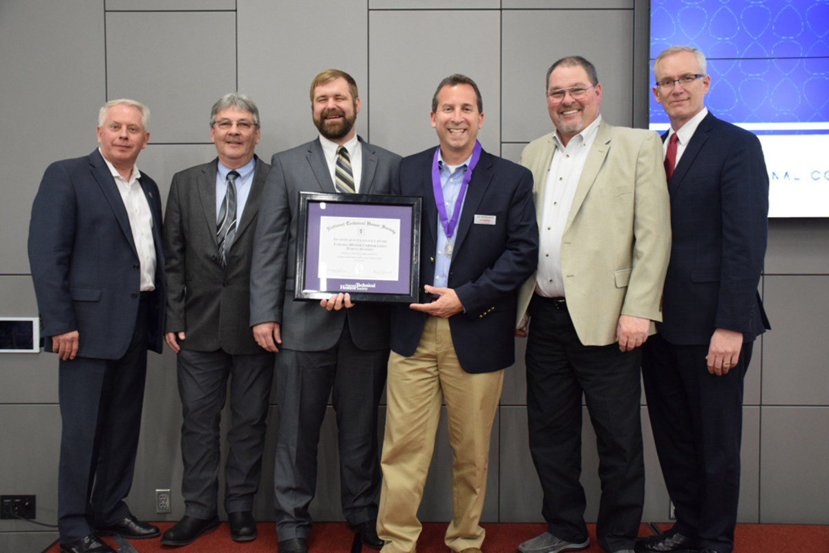 Yamaha Marine received the 2017 Silver Star of Excellence Award for its contributions to technical education. Shown are James King (left), vice chancellor, Tennessee College of Applied Technology System; Jimmy Jones, master instructor, Tennessee College of Applied Technology, Chattanooga Sate Community College; Ed Grun, senior instructor, Tennessee College of Applied Technology, Chattanooga State Community College; Joe Maniscalco, division manager, Yamaha Marine Service; Parks Chastain, department manager, Yamaha Marine Technical Training; and Jim Barrott, director, Tennessee College of Applied Technology, Chattanooga State Community College.