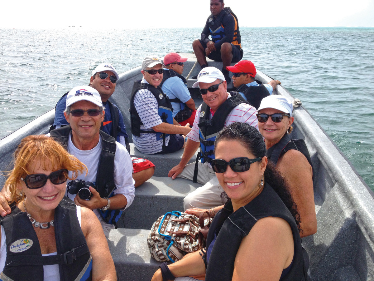 Balzano (front, at right) leads NMMA officials and other representatives of the U.S. industry on a 2013 boat tour off Colombia’s San Andrés Island. The goal was to explore business opportunities for U.S. companies in the Latin American nation’s marine market.