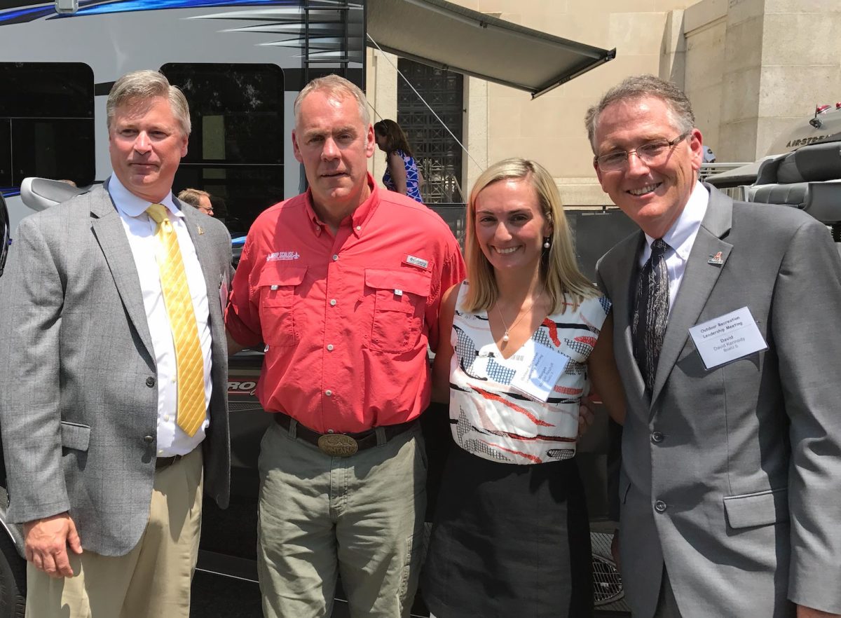 Interior Secretary Ryan Zinke (second from left) is shown with BoatUS government affairs vice president Chris Edmonston; BoatUS government affairs program coordinator Morgan Neuhoff; and BoatUS government affairs manager David Kennedy.