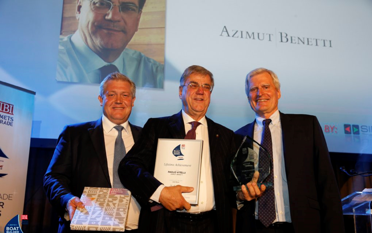 Azimut Benetti founder and chairman Paolo Vitelli (center) received the Lifetime Achievement Award at the Boat Builder Awards for Business Achievement during the Marine Equipment Trade Show in Amsterdam.
