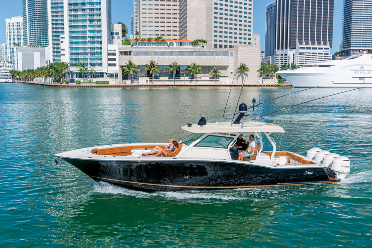 Scout offers a Seakeeper system on its flagship 420 LXF, concealed beneath the seating on the aft side of the helm.