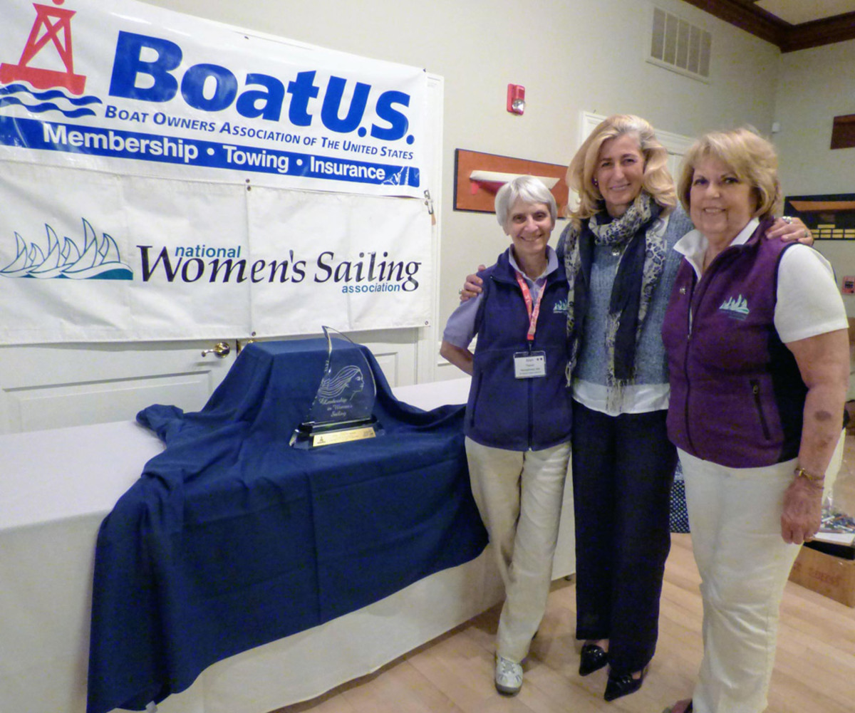 Linda Lindquist-Bishop (center), who received the BoatUS/National Women’s Sailing Association 2017 Leadership in Women's Sailing Award, is shown with Joan Thayer, (left) chairwoman of the Women's Sailing Conference Committee, and National Women's Sailing Association president Linda Newland.