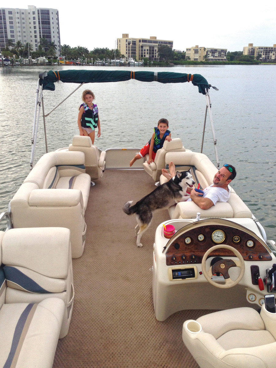 Kevin Kern is shown aboard his Bennington tritoon with daughter Kayli, 9, and son Dayton, 11.